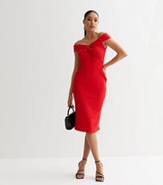 New Look Red Ribbed Twist Bardot Midi Bodycon Dress